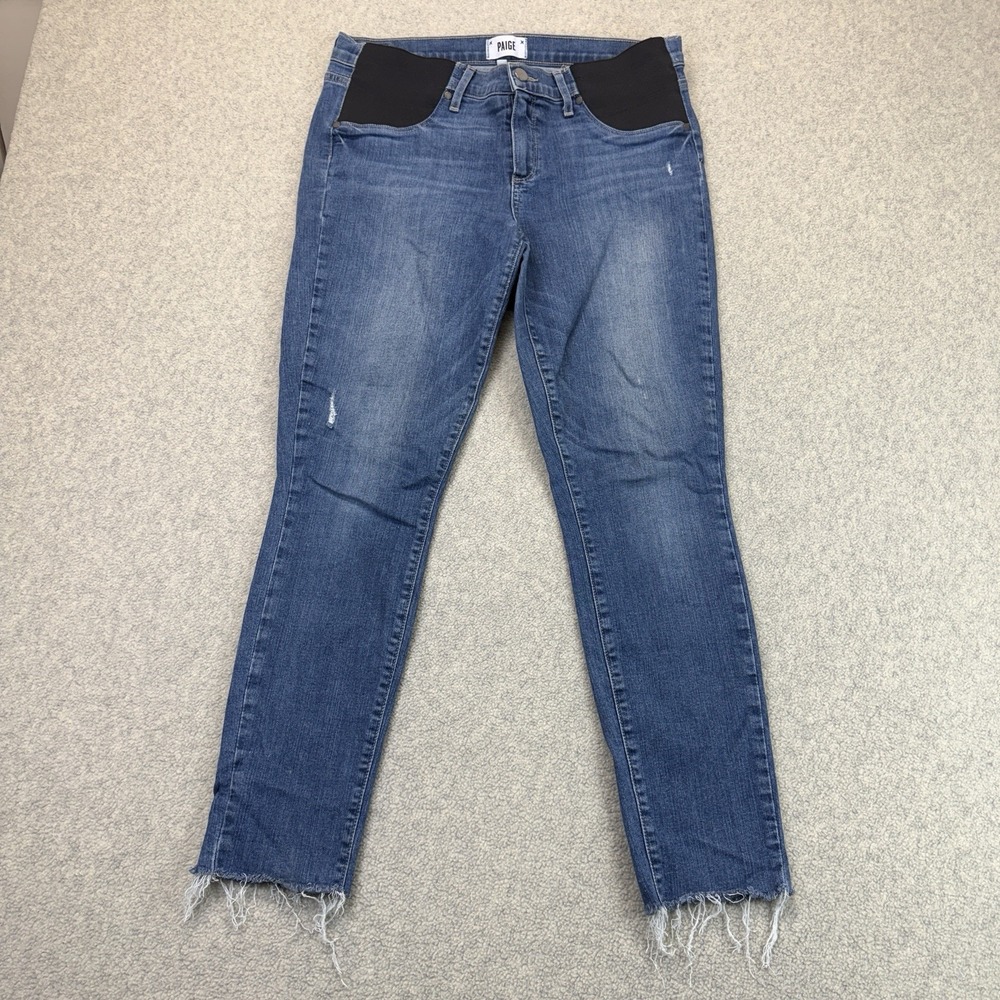 PAIGE Women's Maternity Jeans Blue Denim Distressed Raw Hem Skinny Size 31